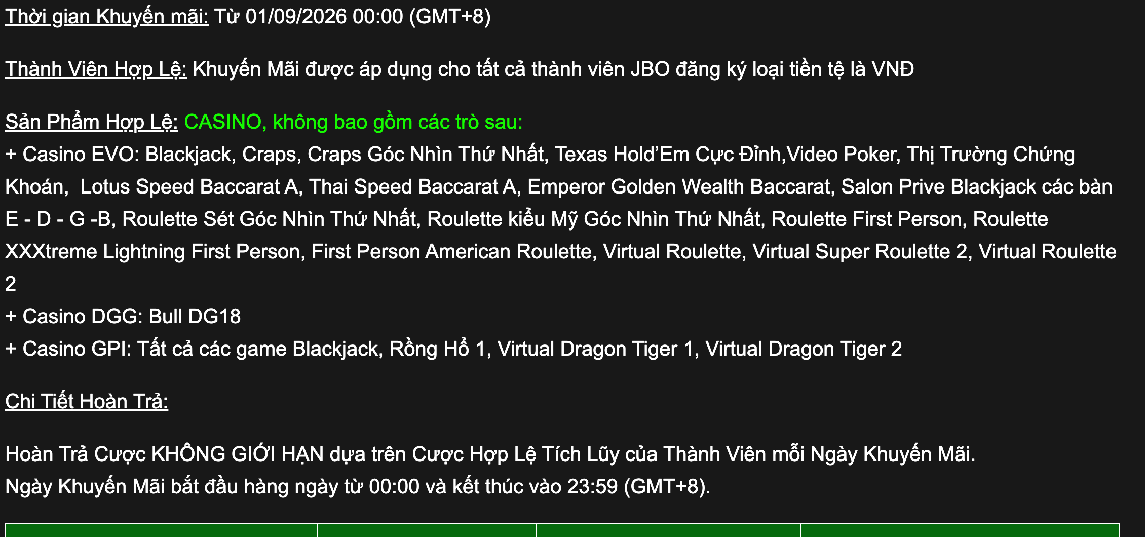Sản phẩm hợp lệ khi tính hoàn trả Casino JBO