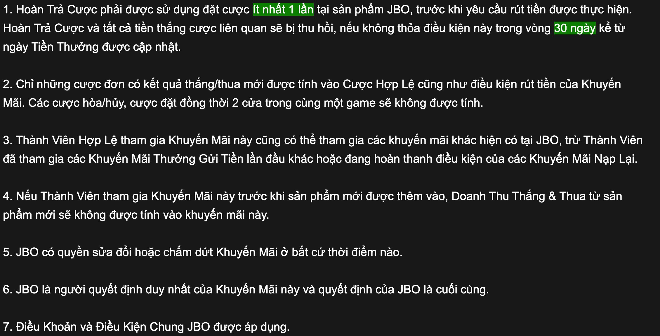 Điều kiện rút tiền hoàn trả Casino JBO trong 30 ngày