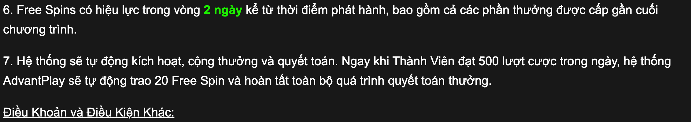 Thời hạn sử dụng Free Spin AP hai ngày