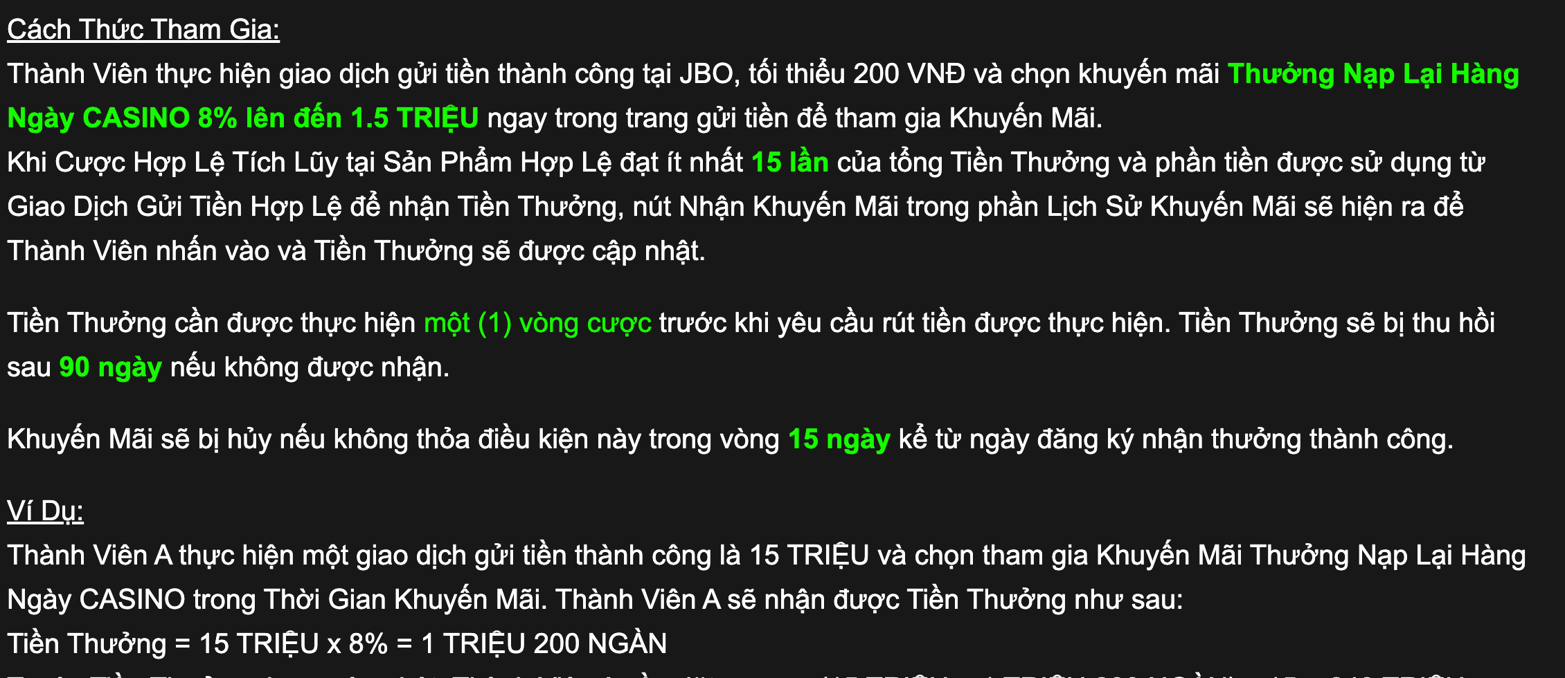 Điều kiện nhận thưởng nạp lại Casino JBO