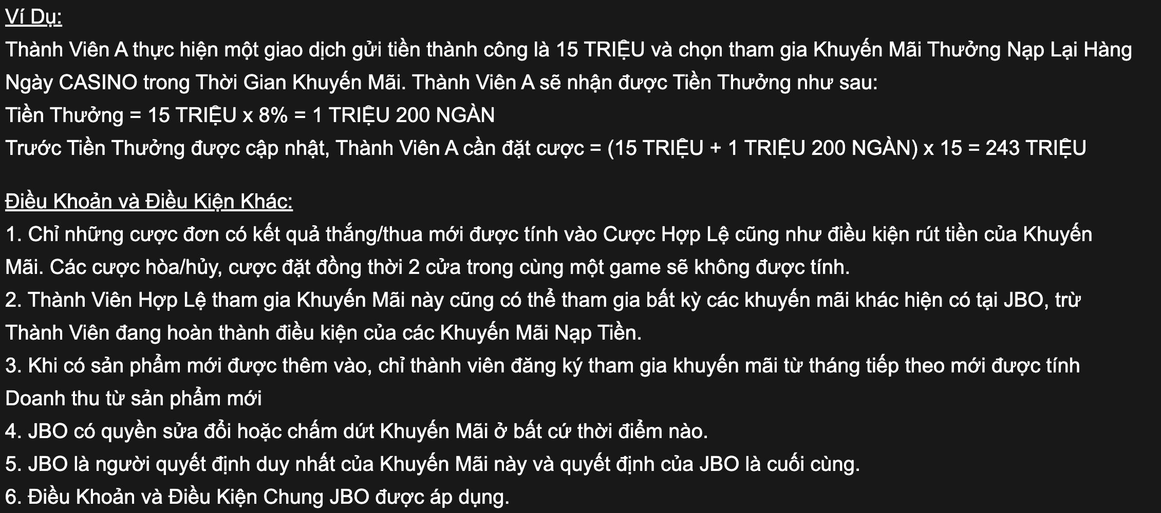 Ví dụ tính thưởng nạp lại Casino JBO 8%